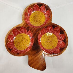 Mexican Folk Art Wood Appetizer Platter Dish Snacks Vintage Flower Sunflower